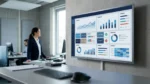 Operations manager reviewing a manufacturing dashboard on a wall-mounted display