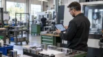 Production manager reviewing a custom operations app on a tablet in a small manufacturing shop