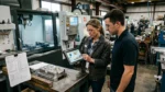 Production manager and analyst reviewing job cost charts on a tablet in a machine shop