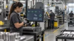 Shop-floor operator scanning a manufactured part beside a production control dashboard