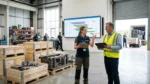 Planner and shop supervisor reviewing a production schedule near crates ready to ship