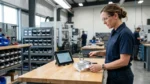 Quality inspector measuring a machined part beside a tablet showing a job record