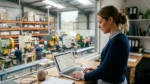 Operations manager reviewing orders and inventory on a laptop above the shop floor