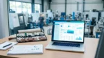 Laptop showing a business database app on a desk with a tool roll, in front of a manufacturing floor