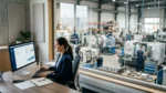 Sales coordinator reviewing customer accounts with the production floor visible behind glass