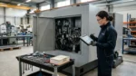 Maintenance technician checking off a task on a tablet beside an open machining center